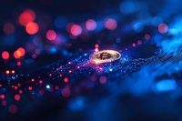 Golden cryptocurrency coin on dark surface with glowing blue and red bokeh lights creating futuristic digital money concept for financial technology.