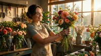 Young woman of mixed ethnicity, wearing apron and glasses, arranging colorful flower bouquet in florist shop with natural window light and hanging dried flowers.