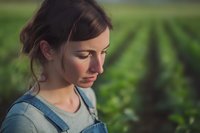 Young Caucasian woman farmer in denim overalls looking down thoughtfully against green agricultural field background during summer growing season.