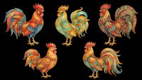 Rooster isolated on transparent background, ready for t-shirt design, clipart, stickers, sublimation and print-on-demand products. Five colorful decorative roosters with ornamental patterns.