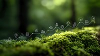 Green moss in forest with digital sustainability icons showing environmental growth trend line for eco-friendly business concepts.