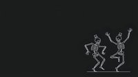 Two skeleton figures dancing and celebrating on dark background, isolated line art suitable for Halloween designs, t-shirts, and festive graphics.