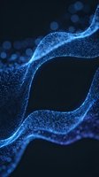 Abstract blue particle wave flowing through dark space with glowing bokeh lights creating futuristic digital technology background for modern design projects.