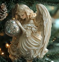Elegant angel ornament with flowing hair and detailed wings holding silver bauble on Christmas tree with pine branches and warm bokeh lights.