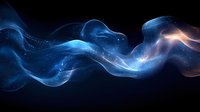 Glowing blue ethereal wave formation with light particles flowing through dark space, creating dynamic motion and energy effect for abstract backgrounds.