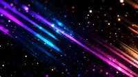 Vibrant diagonal light streaks in blue, purple, and orange colors with glowing particles create dynamic motion effect against dark background.