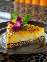 Passion fruit cheesecake slice with mango glaze, black seeds, and purple orchid garnish on dark plate, topped with fresh mint leaves. Restaurant dessert presentation.