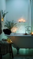 Relaxing spa bath with candles and eucalyptus in vintage clawfoot tub for wellness and self-care routine at home.