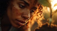 Young African American woman with freckles and curly hair in golden sunset light, face partially covered with dirt, conveying emotion and resilience.