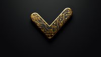 Golden circuit board checkmark symbol on dark background, representing digital approval, technology verification, or electronic validation for tech designs.