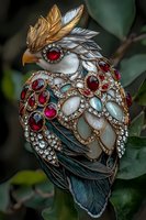 Ornate jewelry brooch shaped as bird with precious stones, pearls and enamel details against dark background. Luxury accessory with rubies and diamonds.