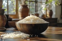 Steamed white rice in wooden bowl on rustic table with scattered grains and clay pottery in soft natural window light, cozy kitchen atmosphere.