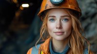 Young female industrial worker with red hair and blue eyes wearing orange hardhat and safety workwear, looking confidently at camera. Professional mining or construction portrait.