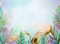 Watercolor background with gold outline mountains and tropical leaves in soft pastel tones of mint, lavender, and peach for cards and prints.