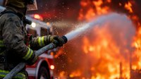 Firefighter in protective gear spraying water on intense flames during emergency response operation with dramatic orange fire background and water droplets.