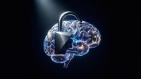 Glowing digital brain with padlock overlay symbolizing cybersecurity, data protection, and neural network encryption for technology and security concepts.
