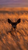 Deer standing in golden grassland at sunset with warm backlit glow, wildlife photography for nature and outdoor design projects.