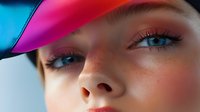 Young woman with blue eyes and freckles wearing colorful cap in vibrant neon lighting for fashion and beauty concepts.