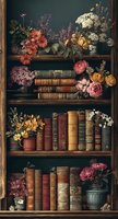 Vintage bookshelf with antique leather-bound books surrounded by colorful flower arrangements including roses, daisies, and wildflowers in ceramic vases.