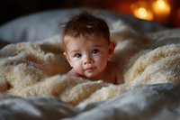 Adorable baby boy with bright blue eyes lying on soft beige faux fur blanket in cozy warm lighting, creating intimate and tender mood for family photography.