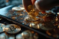 Golden bitcoin coins scattered on dark smartphone screen with dramatic lighting, perfect for cryptocurrency trading and digital finance concepts.