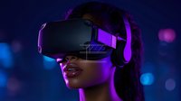 Young African American woman wearing virtual reality headset and headphones illuminated by vibrant purple and blue neon lights against dark background with bokeh effect.