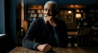 Senior man with gray hair and beard, wearing dark sweater, sitting at wooden table in warm-lit library or study room, hand near face in thoughtful pose, contemplative expression.