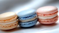 Colorful French macarons in pastel shades arranged in row. Delicate almond cookies with smooth shells and creamy filling for bakery menu design.