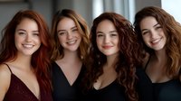 Four young women with different shades of brown and red hair wearing black tops smile warmly at camera, showcasing natural beauty and friendship in studio portrait.