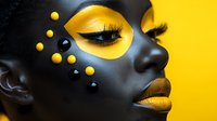 Creative makeup art featuring bright yellow eyeshadow and matching lip color on dark skin, with decorative yellow dots along cheekbone against vibrant yellow background.