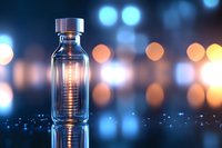 Medical glass vial on reflective surface against blurred bokeh background in blue and orange tones, dramatic lighting creates scientific atmosphere.
