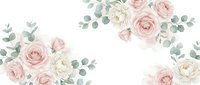 Soft pink and white roses with eucalyptus leaves arranged in corners on white background. Romantic floral frame for wedding invitations and greeting cards.