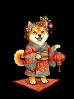 Shiba Inu dog wearing traditional red and gold Chinese festival clothing with floral headdress, holding lanterns and decorative elements. Isolated on transparent background, ready for t-shirts, stickers, clipart, print-on-demand and sublimation designs.