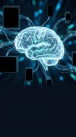 Glowing digital brain with circuit patterns connected to multiple devices on dark blue background, symbolizing AI and smart technology networks.