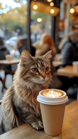 Fluffy Maine Coon cat sitting at cafe table next to takeaway coffee cup with latte art. Cozy coffee shop atmosphere with bokeh lights and warm ambiance in background.