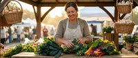 Smiling female vendor arranging fresh organic vegetables at farmers market stall with wooden baskets and natural lighting during golden hour.