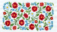 Folk art floral pattern with red roses, blue flowers and green leaves on white background. Traditional embroidery style design for textile and decor.