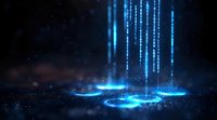 Glowing blue digital circles with streaming data light beams on dark background, futuristic technology concept for business and cybersecurity presentations.