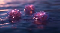 Pink roses floating on dark water surface with sunset reflections creating romantic atmosphere and dreamy bokeh effect. Soft focus macro photography.