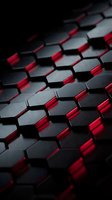 Black hexagonal tiles with glowing red light accents create a modern, tech-inspired surface. Perfect for gaming, technology, and digital design projects.