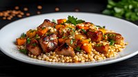 Glazed pork belly cubes with colorful vegetables served over pearl couscous, garnished with fresh herbs on white plate for culinary presentations.