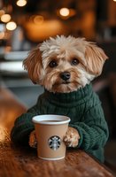 Adorable Maltese mix puppy wearing green knit sweater sits at cafe table with coffee cup, warm bokeh lighting creates cozy autumn atmosphere.