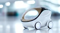 Futuristic autonomous white robotic vehicle with rounded design and large windshield displayed in modern tech environment for transportation innovation concepts.