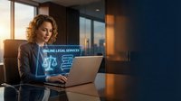 Professional businesswoman using laptop with online legal services interface in modern office during golden hour for digital law consultation.