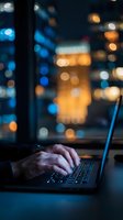 Hands typing on laptop keyboard at night with blurred city lights bokeh background. Business professional working late hours in modern office environment.