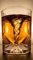 Crystal whiskey glass with amber liquid creating dynamic splash and bubbles against warm golden background for luxury beverage advertising.
