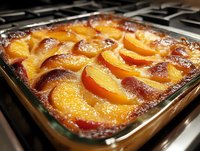 Fresh peach cobbler dessert baked in glass dish with golden caramelized fruit slices arranged in rows, showing bubbling syrup and browned edges on stovetop.
