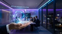 Next-generation insurance solutions with digital hologram technology, businessman hand presenting glowing interface in modern office environment for business innovation and fintech.