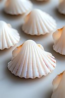 White seashells arranged on light background with soft shadows and selective focus creating delicate composition for spa, wellness, and coastal decor designs.
