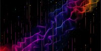 Abstract digital wave with vibrant purple, blue, and orange neon colors against black background with light streaks, creating futuristic technology concept.